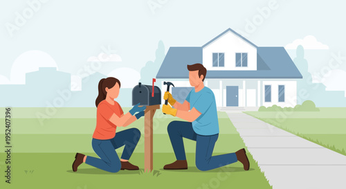 Couple Installing Mailbox Outside House