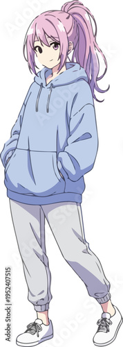 水色のパーカーとグレーのスウェットパンツを着用した、ピンクのポニーテールが特徴的な若い女性のアニメ風全身イラスト。カジュアルで親しみやすい雰囲気のキャラクターデザイン。 透明背景付き分離PNG