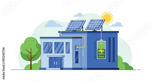 Modern architectural illustration shows a building equipped with rooftop solar panels and a large green battery icon.