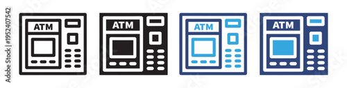 Modern ATM Icon Set Vector Collection with Cash Machine, Banking Terminal and Withdrawal Symbols in Outline and Solid Styles