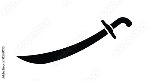 A curved scimitar blade shown in a striking black silhouette