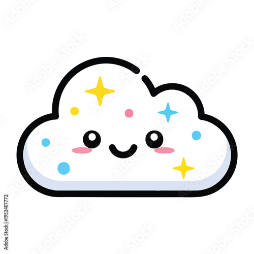 A cartoon cloud with a happy face, rosy cheeks, and colorful elements like stars and dots, creating a cheerful, whimsical design