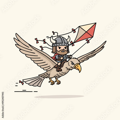An illustration depicting a character in a horned helmet riding a bird, pulling a kite, with a beige background