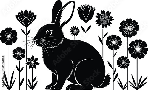 A black rabbit sitting among flowers