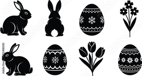 Easter themed clip art with bunnies and decorated eggs
