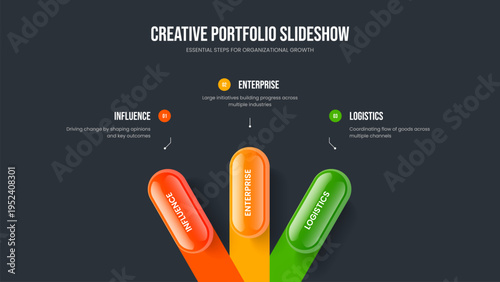 Advertising Solution Presentation Template Vector Illustration. Sales Innovation 3 Step Infographic Slideshow Design. Corporate Analysis Three Option Diagram Slide Layout.