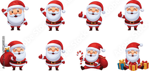 Cute Christmas Santa Claus Character Set Showing Different Gestures with Gift Bag Candy Cane Presents and Thumbs Up for Holiday Greeting, Festive Designs, Stickers, and Vector Illustrations
