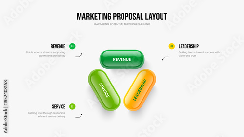 Company Planning Three Step Infographic Presentation Layout. Market Innovation Slide Design Vector Illustration. Corporate Plan 3 Option Diagram Slideshow Template.