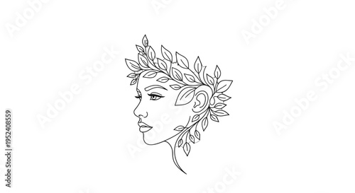 Elegant line art illustration of a woman's profile adorned with a crown of lush leaves, symbolizing nature and beauty.