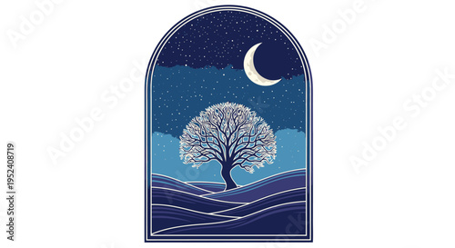 Stylized illustration of a winter night landscape with a white bare tree, rolling blue hills, a starry sky, and a crescent moon in an arched frame.