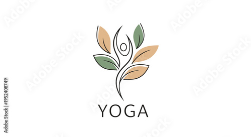 A minimalist yoga logo featuring a human figure in a meditative pose with flowing lines and natural leaf elements, set against a white background.
