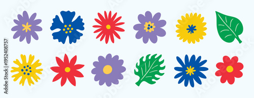 Naive daisy flowers clipart set with top view blooms and leaves. Hand drawn.
