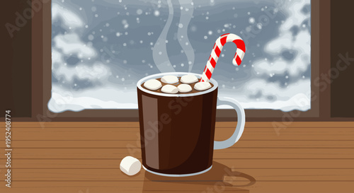 Hot Chocolate with Marshmallows and Candy Cane by Snowy Window: Cozy Winter Drink Vector