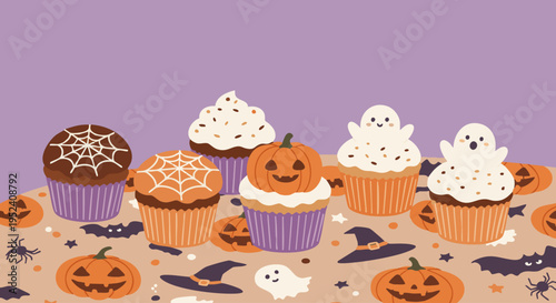Halloween Cupcakes Vector: Cute Ghost, Pumpkin, Spiderweb Designs for Festive Party Treats