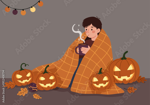 Cozy Autumn Evening: Person Enjoying Warm Drink Surrounded by Glowing Jack-o'-Lanterns and Fall Decor