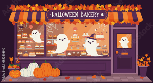 Halloween Bakery Shop Front: Cute Ghosts and Pumpkins with Autumn Decorations and Pastry Display