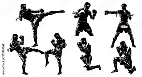 Muay Thai Fighters Silhouettes: Dynamic Kicks, Punches, and Knees in Combat Poses