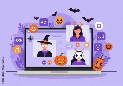 Virtual Halloween Party: Costumed Friends Connect Online via Video Call with Spooky Decorations & Digital Icons