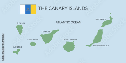 The Canary Islands geographical borders isolated on white background. Flag of the Canary Islands. Vector flat cliparts.