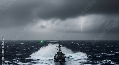 US Destroyer and Iranian Boat in Stormy Sea, Naval Conflict and Strait of Hormuz Tension Concept