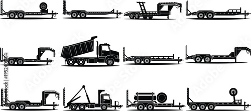 Collection of industrial trailer silhouettes, dump truck, flatbed haulers, and heavy equipment transport vehicles for construction, logistics, and shipping industry icons.