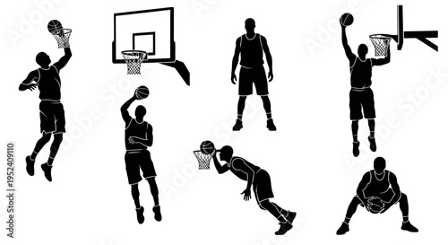 Basketball Player Silhouettes: Action Shots of Dunking, Shooting, and Defense