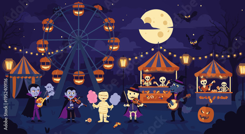 Nighttime Halloween Carnival: Cheerful Monster Characters Play Music and Enjoy Rides with a Full Moon Backdrop
