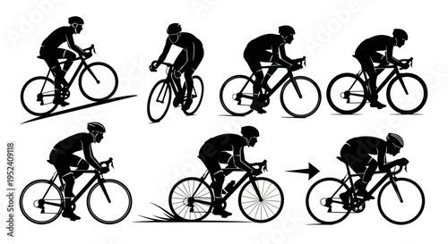 Cyclist Silhouette Sequence: From Climbing to Sprinting, Showing Dynamic Motion and Speed