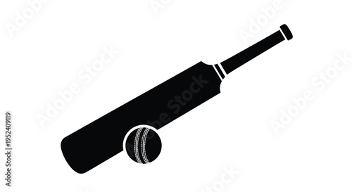 A black silhouette of a cricket bat and ball on white background