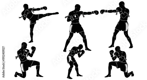 Muay Thai Fighter Silhouettes: Dynamic Poses of Kickboxing Martial Arts