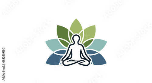 Stylized human figure meditating in lotus position with a colorful lotus flower background, representing peace and spiritual wellness.