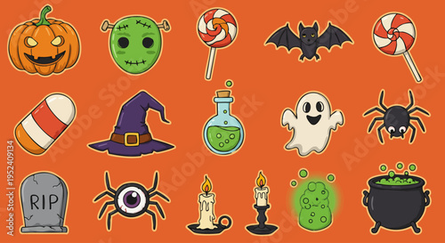 Halloween Sticker Set - Cute Spooky Icons and Festive Elements Vector
