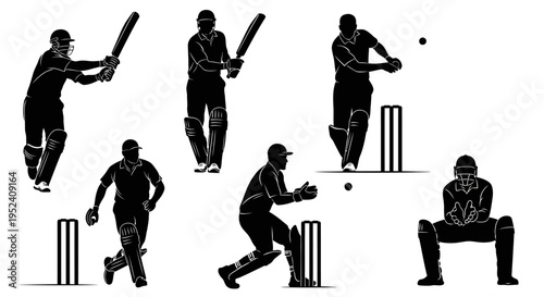 Cricket Player Silhouettes: Batting, Bowling, Fielding, Wicket-Keeping