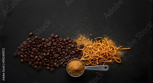 Roasted Coffee Beans and Chaga Mushroom Powder on Dark Slate, Functional Superfood Blend Concept