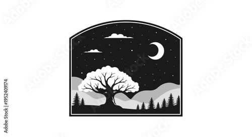 Monochromatic night landscape illustration featuring a prominent white tree under a starry sky with a crescent moon and rolling hills, framed by an arch.