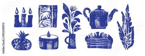 Indigo blue linocut cottagecore vector set. Cozy rustic home decor bundle with teapot, bread and candles. Vintage woodcut style crosshatch kitchen illustration for hygge branding and textile print