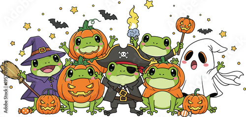 Cute Halloween Frog Characters with Pumpkin Costumes, Ghost, Witch Hat, Bats, Candy and Jack O Lanterns Cartoon Vector Illustration for Kids Halloween Design