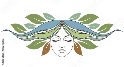 Stylized illustration of a serene female face with closed eyes, framed by flowing hair transforming into colorful leaves, symbolizing nature and tranquility.