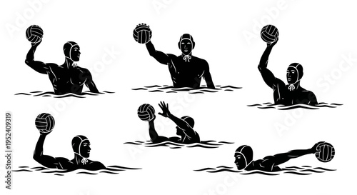 Water Polo Player Poses Silhouette Vector Set