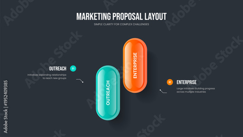 Company Strategy 2 Element Diagram Frame Layout. Financial Plan Two Step Infographic Slideshow Template. Enterprise Insight Slide Design Vector Illustration.