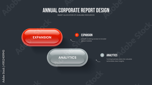 Financial Strategy Two Step Diagram Presentation Layout. Creative Introduction 2 Option Infographic Slide Template. Consulting Portfolio Frame Design Vector Illustration.