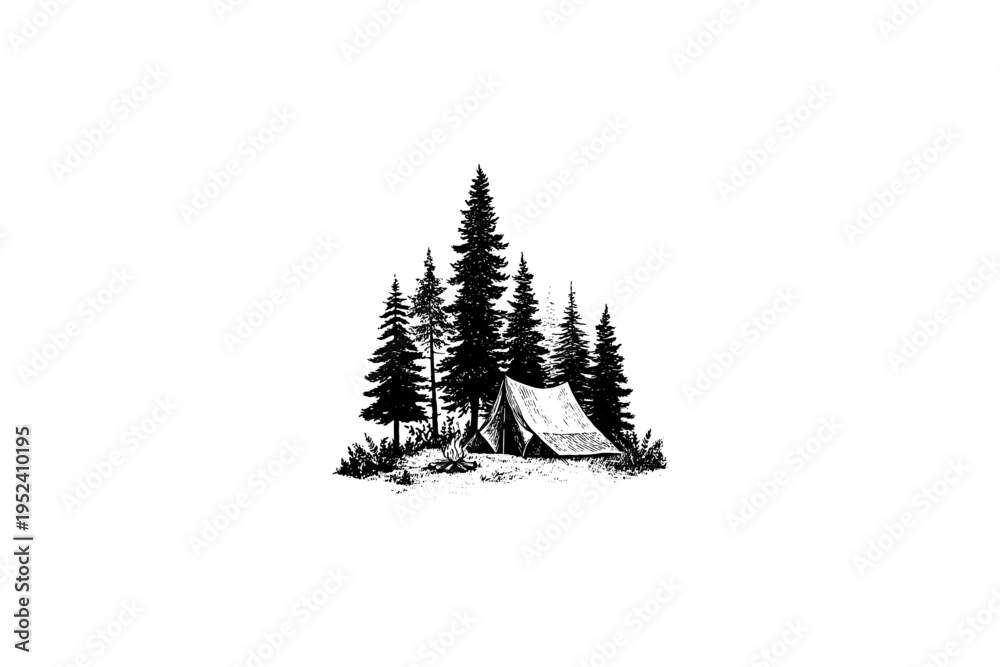Fototapeta premium Vintage vector sketch of a camping tent and campfire in a pine forest. Engraving style digital illustration of outdoor wilderness camp isolated on white.