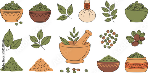 Organic Herbal Ingredients Illustration Set with Leaves, Seeds, Powder, Bowls and Mortar Pestle Isolated on White Background for Natural Medicine and Wellness Design