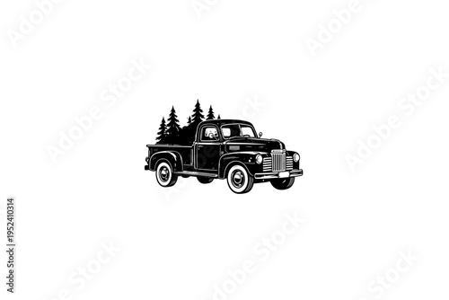 truck car Vintage Camping Gear Illustration, Rustic Outdoor Heritage Vector, Engraving Style, Retro Americana Aesthetic, Black and White Linocut