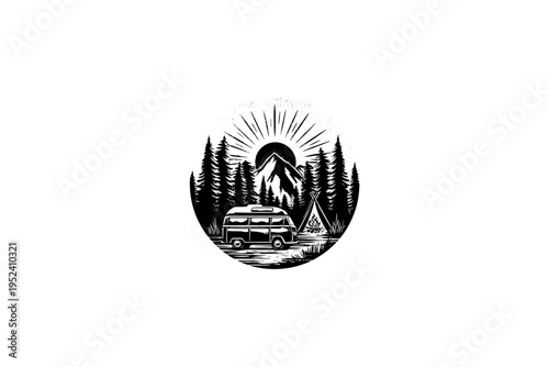 RV car in forest Vintage Camping Illustration, Rustic Outdoor Heritage Vector, Engraving Style, Retro Americana Aesthetic, Black and White Linocut