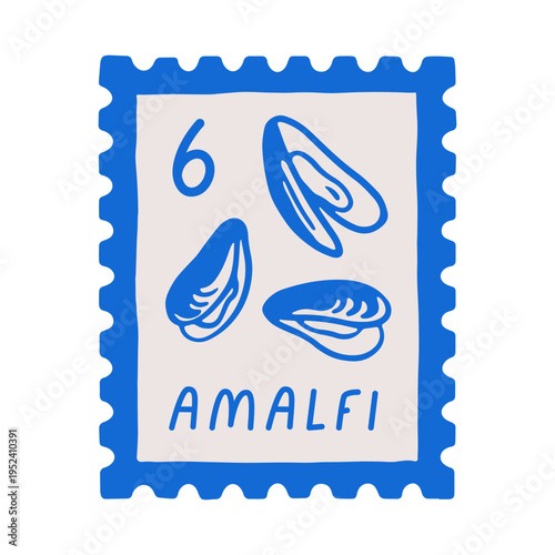 Amalfi post stamp. Italian postal mark in vintage retro sketch style. Coastal Italy postmark design with mussels, dolce vita doodle drawing. Flat vector illustration isolated on white background