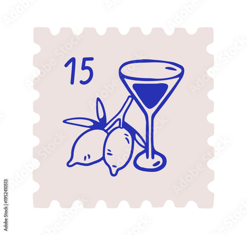 Italian Dolce vita postal stamp with limoncello drink in wineglass and lemon....