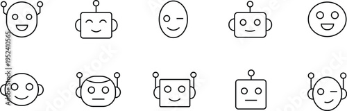 Set of minimalist robot head icons with different facial expressions such as happy sad wink and neutral for digital avatars and user interfaces