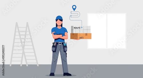 Delivery worker with packages and route map, logistics and shipping concept