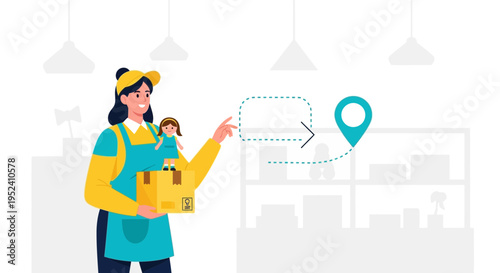 Delivery woman with package and doll, tracking route on shelves background